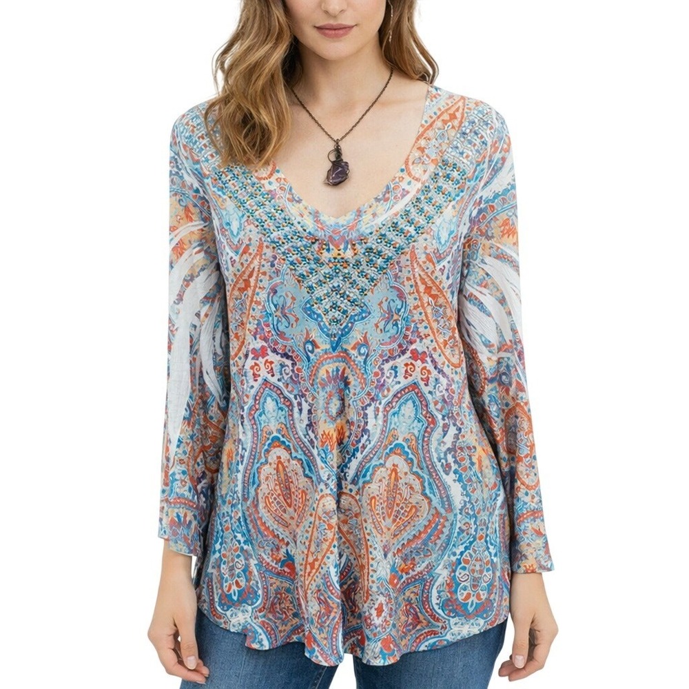 Reba Womens L Multicolor Paisley Beaded V-Neck Knit Tunic Top NWT Made USA
